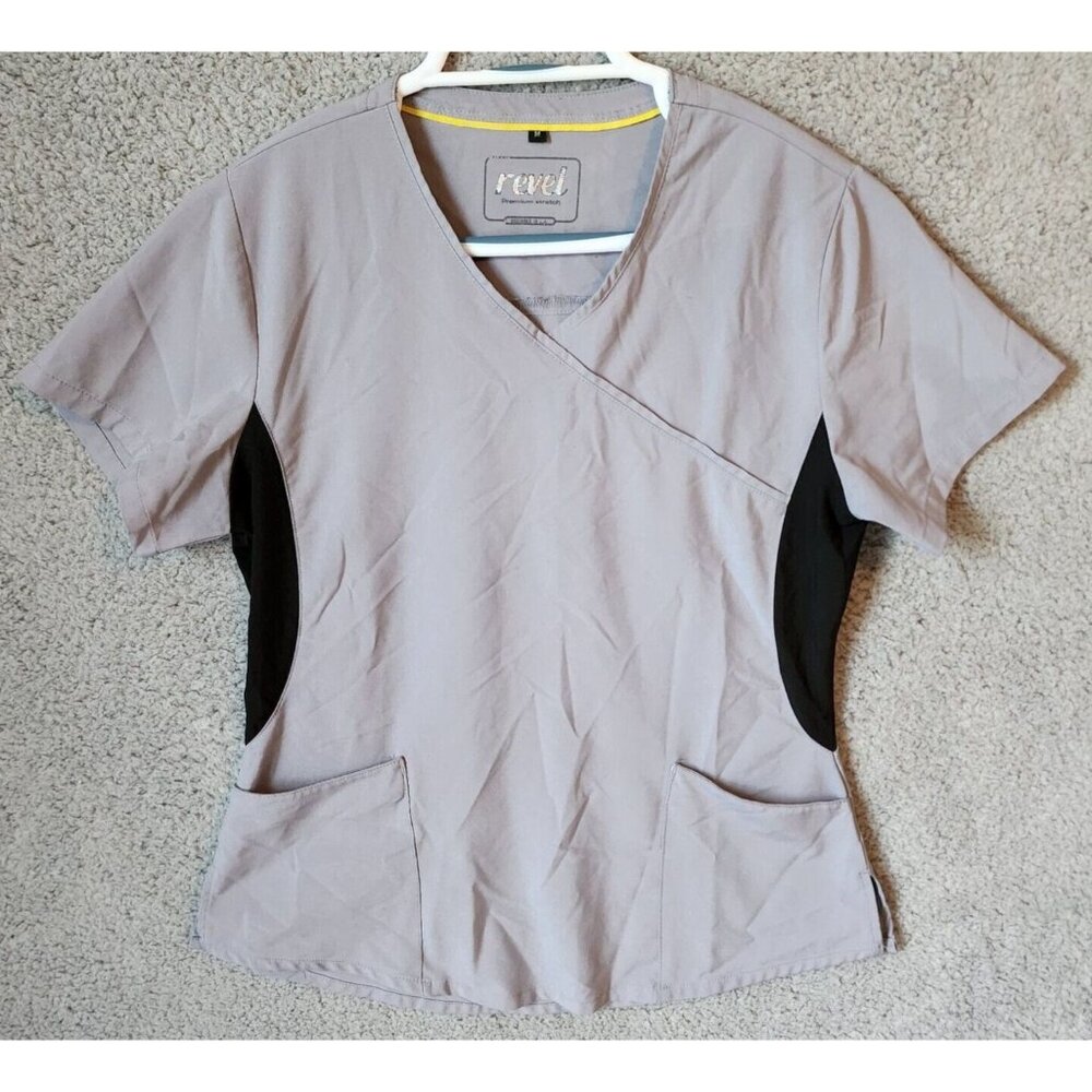 Revel‎ Premium Stretch Women's Short Sleeve V Neck Scrub Top Gray/Black Size M